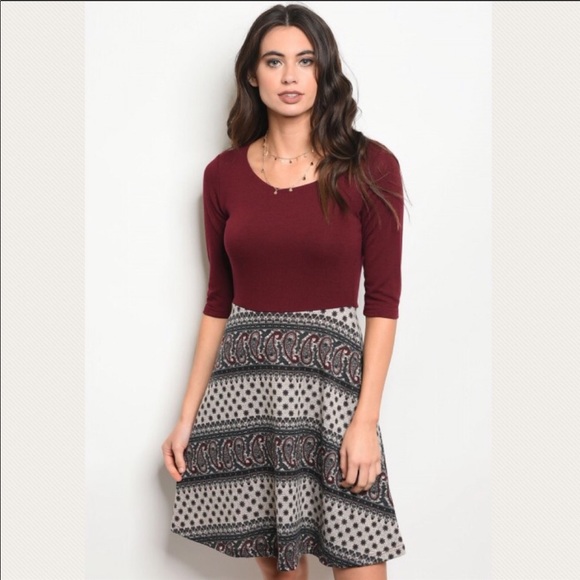 Burgundy and Taupe Paisley Print Dress - Picture 2 of 3